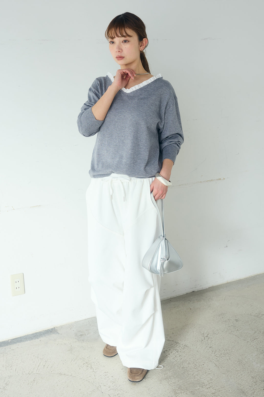 [SET]クールクール異素材コンビオフショルプルオーバー+ランダムタックデザインワイドパンツ(2set)