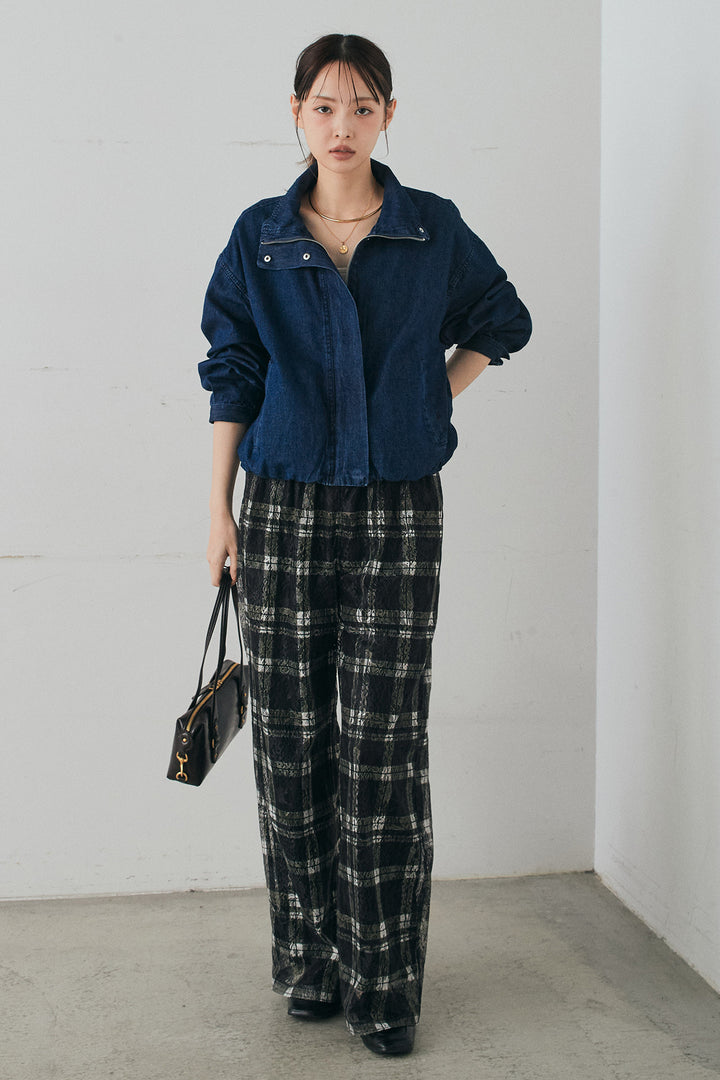 [SET]スタンドカラーデニムブルゾンジャケット+レースチェックワイドイージーパンツ(2set)