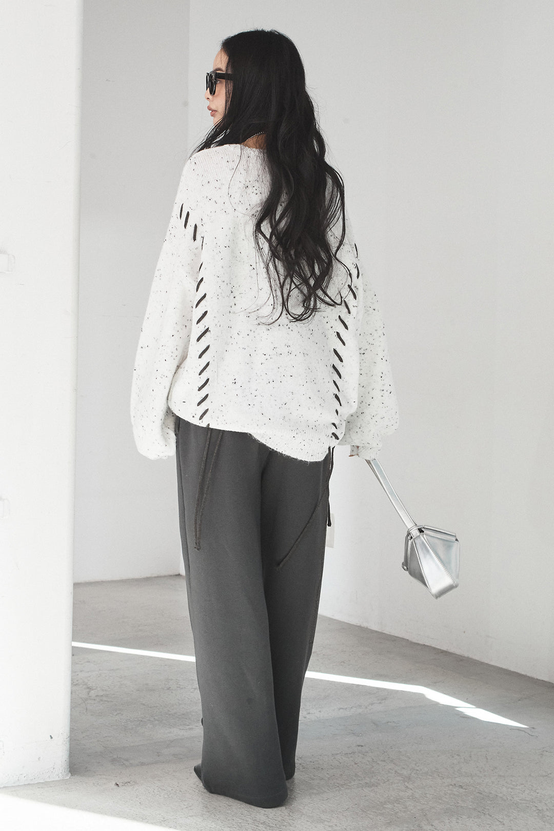 [SET]ネップ編み上げニットトップス+裏起毛スウェットワイドパンツ(2set)