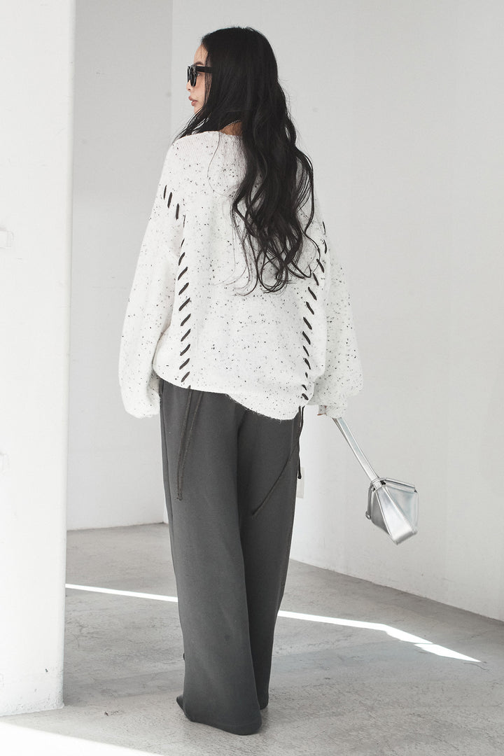 [SET]ネップ編み上げニットトップス+裏起毛スウェットワイドパンツ(2set)