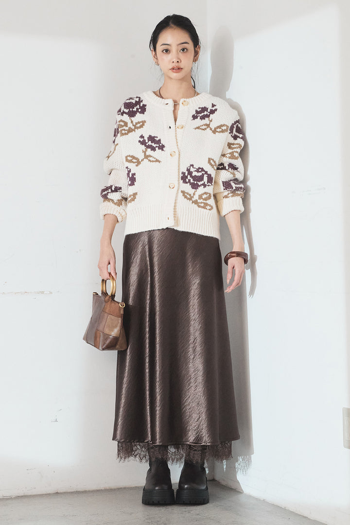 [SET]花柄ジャガードニットカーディガン+裾レースデザインサテンスカート(2set)
