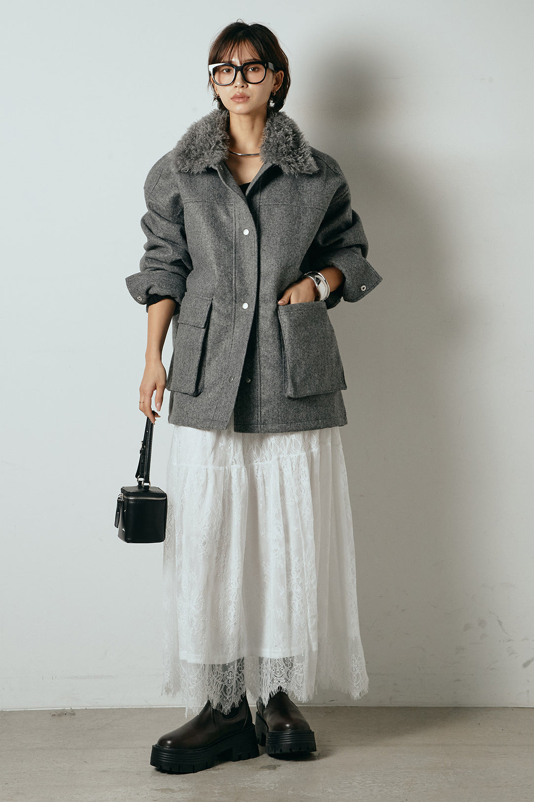 [SET]エコウール衿ファー薄中綿入りミドルカバーオール+ひげレース切替ロング丈スカート(2set)