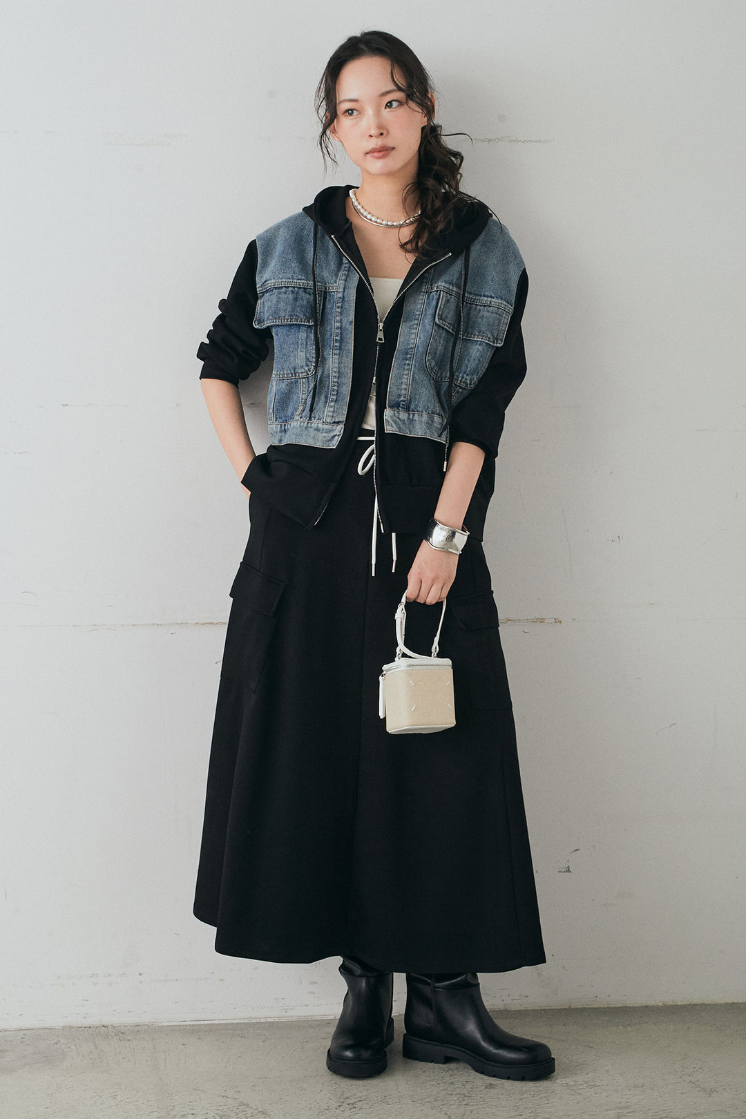 [SET]デニム切替ポンチダブルジップパーカー+リラックススウェットスカート(2set)