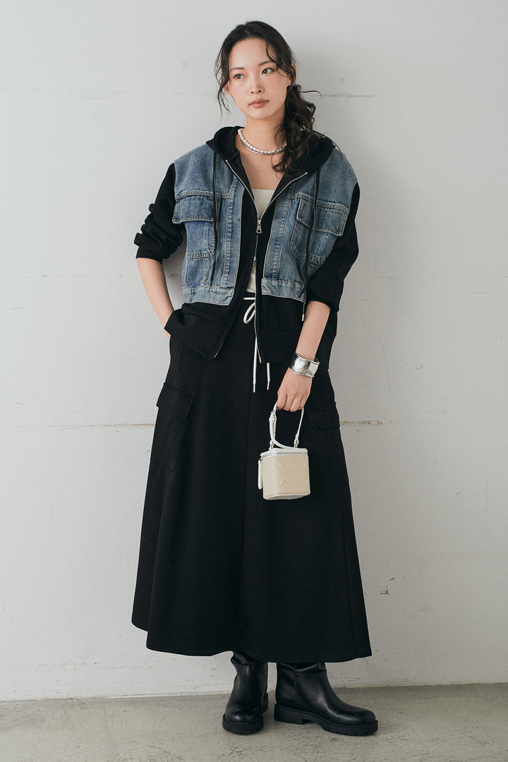 [SET]デニム切替ポンチダブルジップパーカー+リラックススウェットスカート(2set)