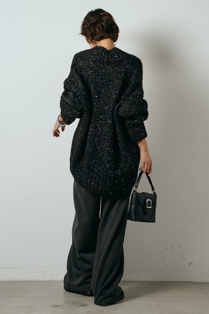 [SET]Vネックラメニットトップス+裏起毛スウェットワイドパンツ(2set)