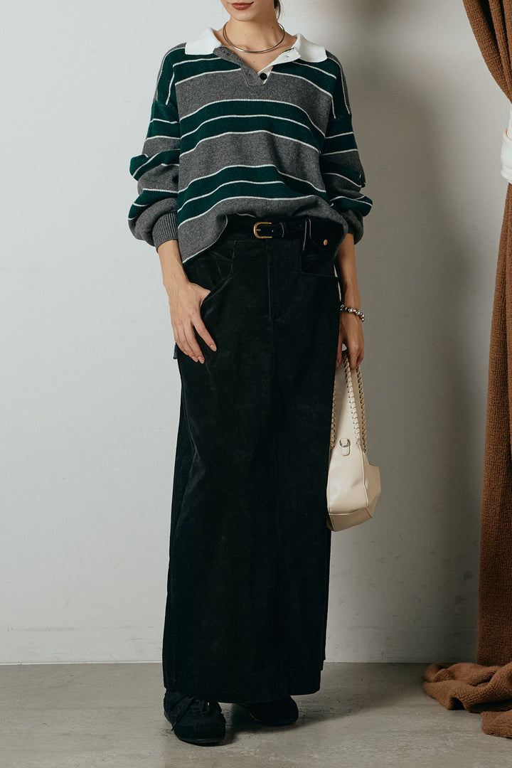[SET]ラガーニットボーダーポロプルオーバー+ポーチベルト付きコーデュロイワイドスカート(2set)
