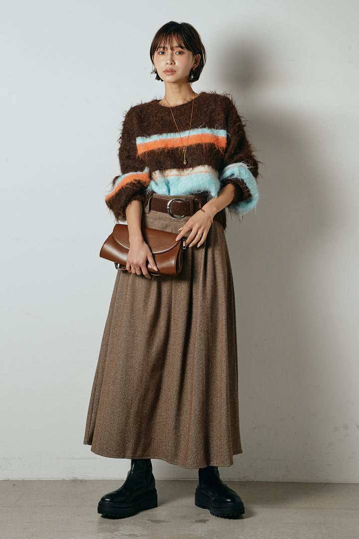 [SET]起毛配色マルチボーダーニットトップス+太ベルト付きヘリンボーンプリーツスカート(2set)