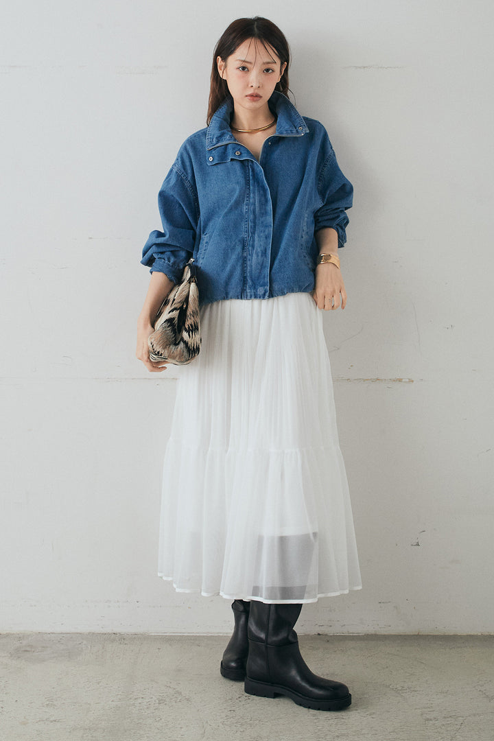 [SET]スタンドカラーデニムブルゾンジャケット+ボリュームシルエットチュールスカート(2set)