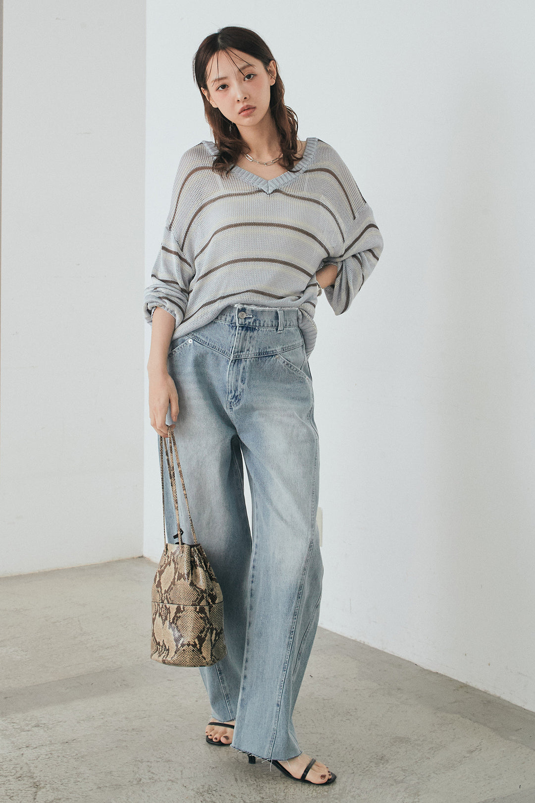 [SET]綿タッチVネックボーダートップス+デニムヨークパンツ(2set)