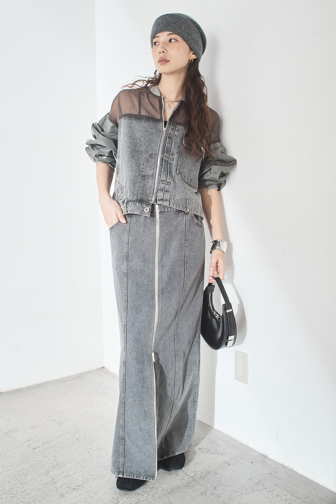 [SET]デニムコンビネーションブルゾン+フロントジップデニムスカート(2set)