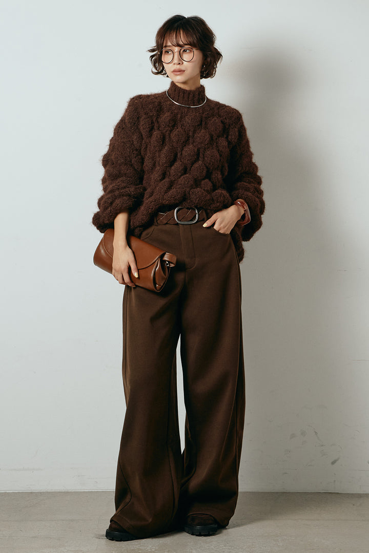 [SET]ボリュームポップコーンニットトップス+編みベルト付きワイドパンツ(2set)