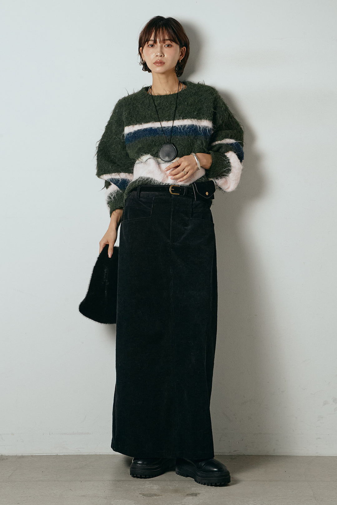 [SET]起毛配色マルチボーダーニットトップス+ポーチベルト付きコーデュロイワイドスカート(2set)