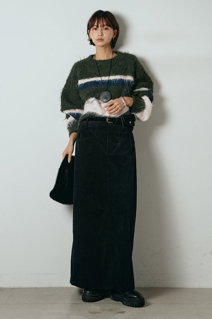 [SET]起毛配色マルチボーダーニットトップス+ポーチベルト付きコーデュロイワイドスカート(2set)