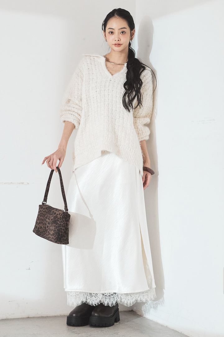 [SET]襟付きVネックニットトップス+裾レースデザインサテンスカート(2set)