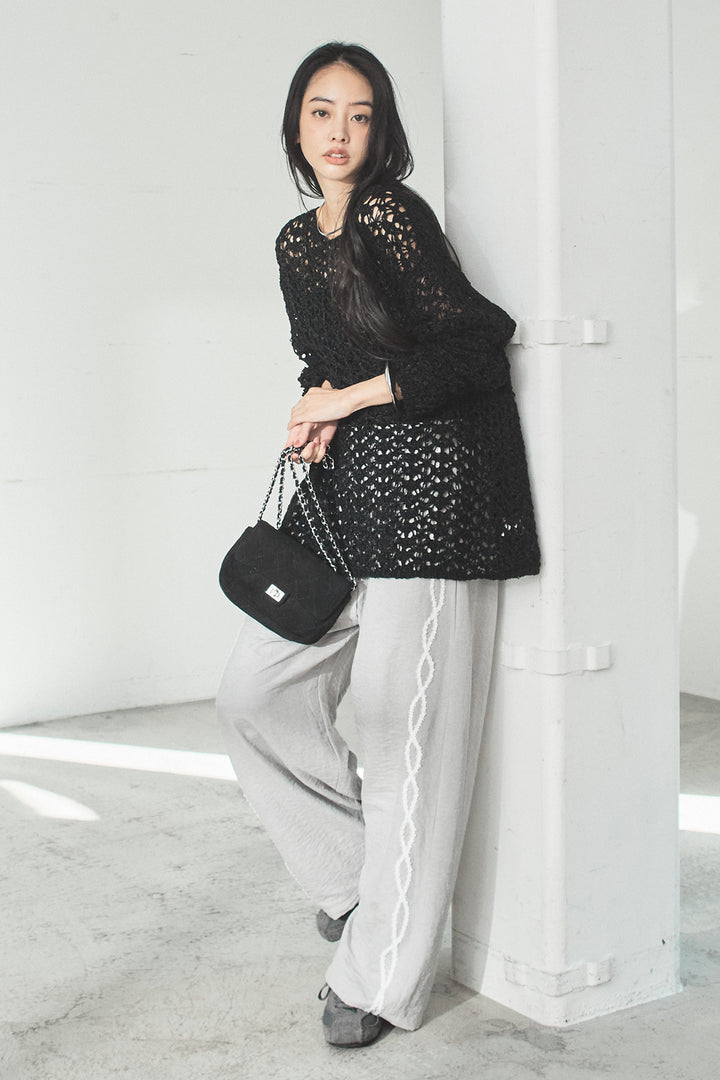 [SET]リラックスメッシュニットトップス+刺繡テープラインパンツ(2set)