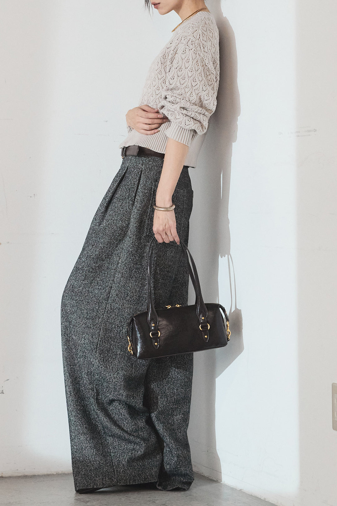 [SET]透かし編みニットジップスリットプルオーバー+タックツイードワイドパンツ(2set)