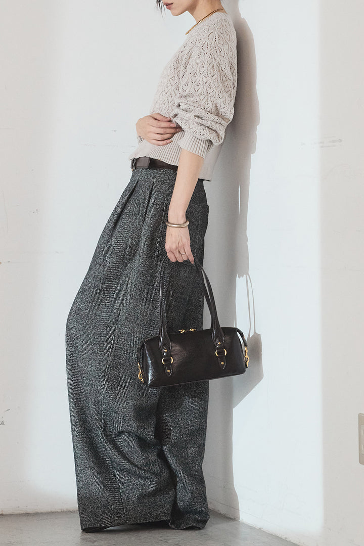 [SET]透かし編みニットジップスリットプルオーバー+タックツイードワイドパンツ(2set)