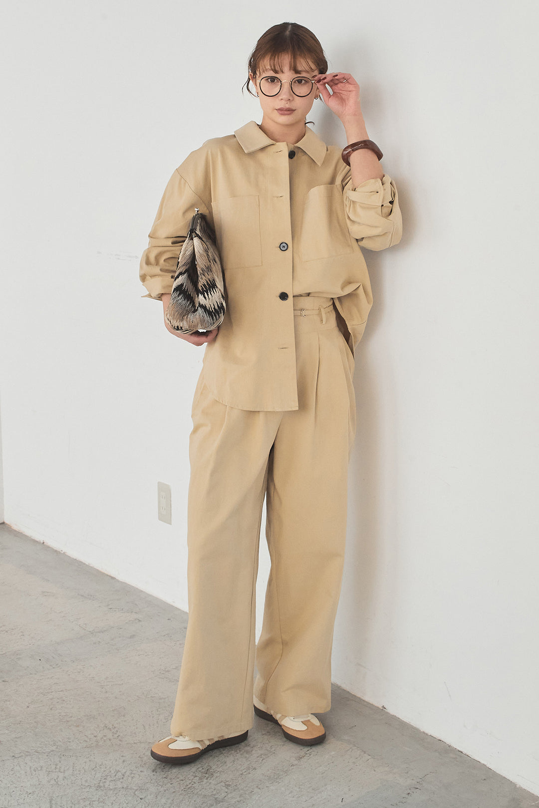 [SET]ツイルシャツジャケット+ツイルハイウエストタックパンツ(2set)