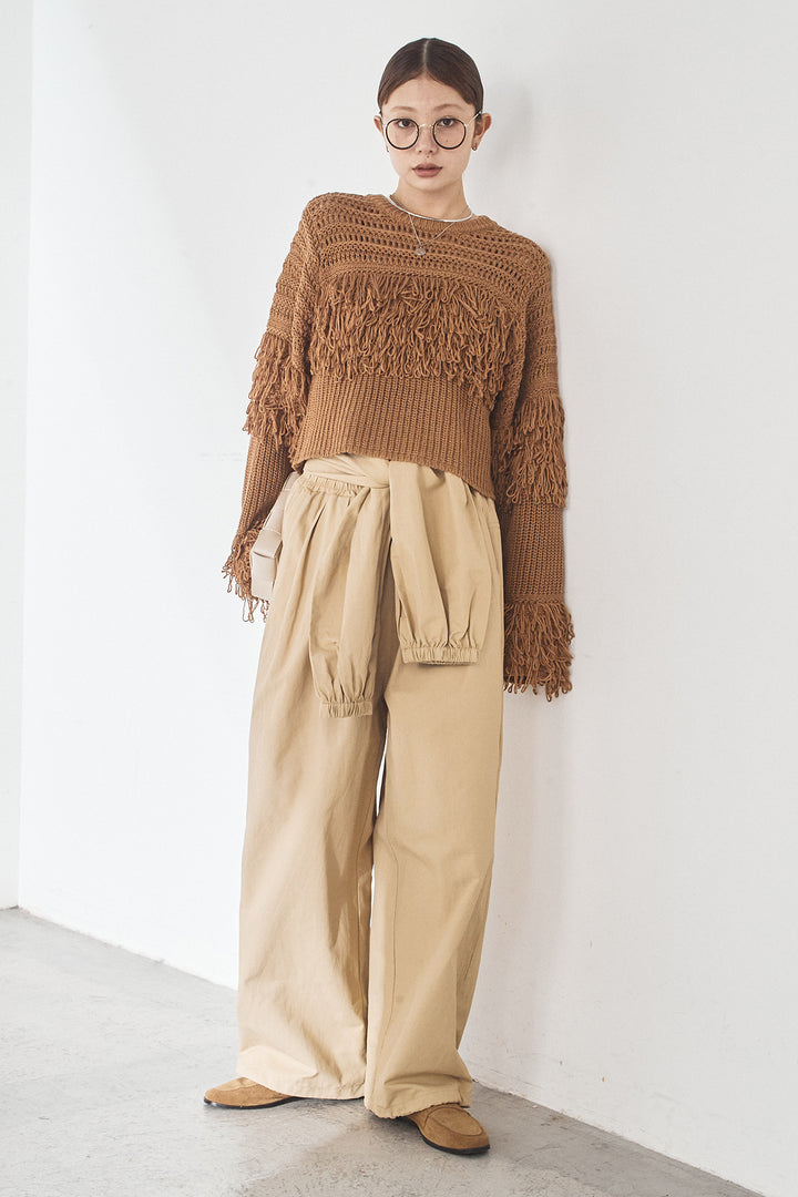 [SET]メッシュフリンジ切り替えプルオーバー+合繊ツイルスタンドウエスト巻きジョガーパンツ(2set)