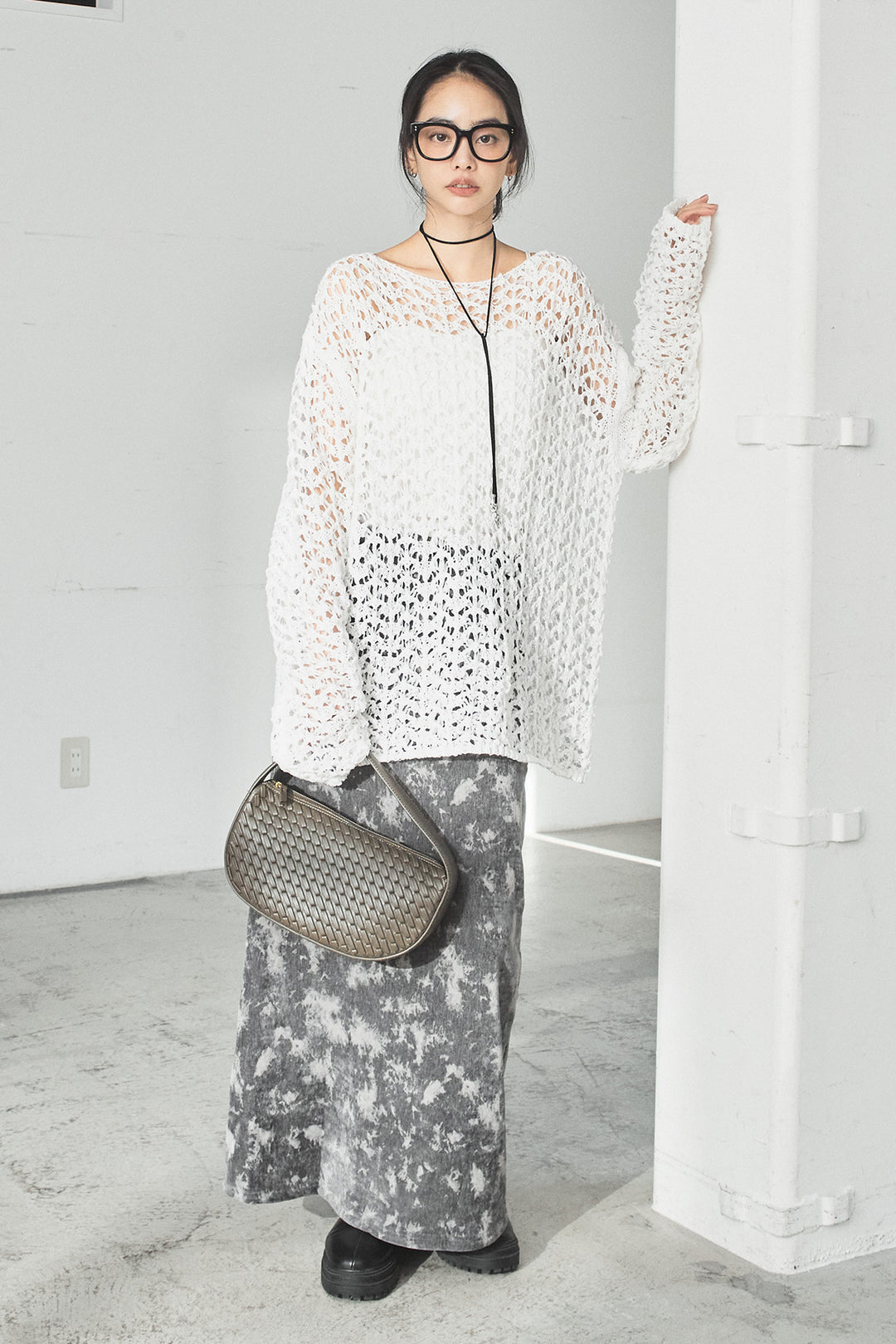 [SET]リラックスメッシュニットトップス+タイダイ柄ベロアワイドスカート(2set)