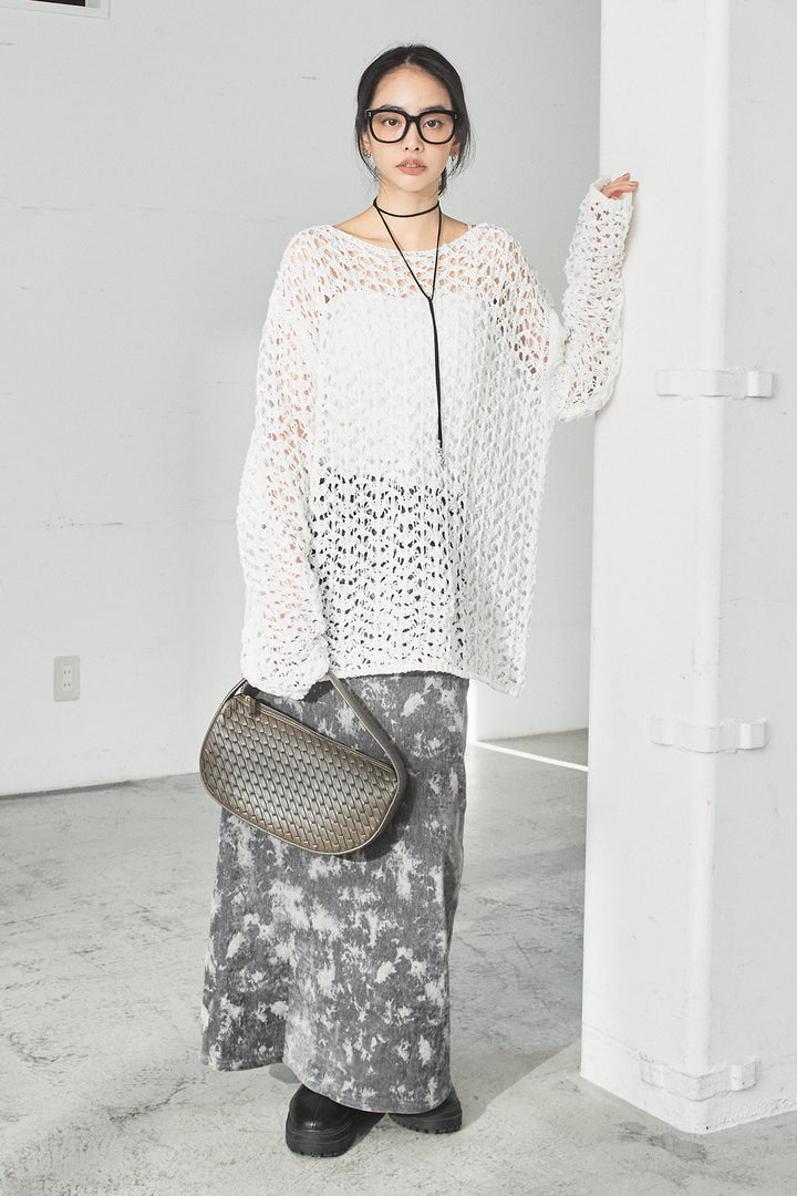 [SET]リラックスメッシュニットトップス+タイダイ柄ベロアワイドスカート(2set)