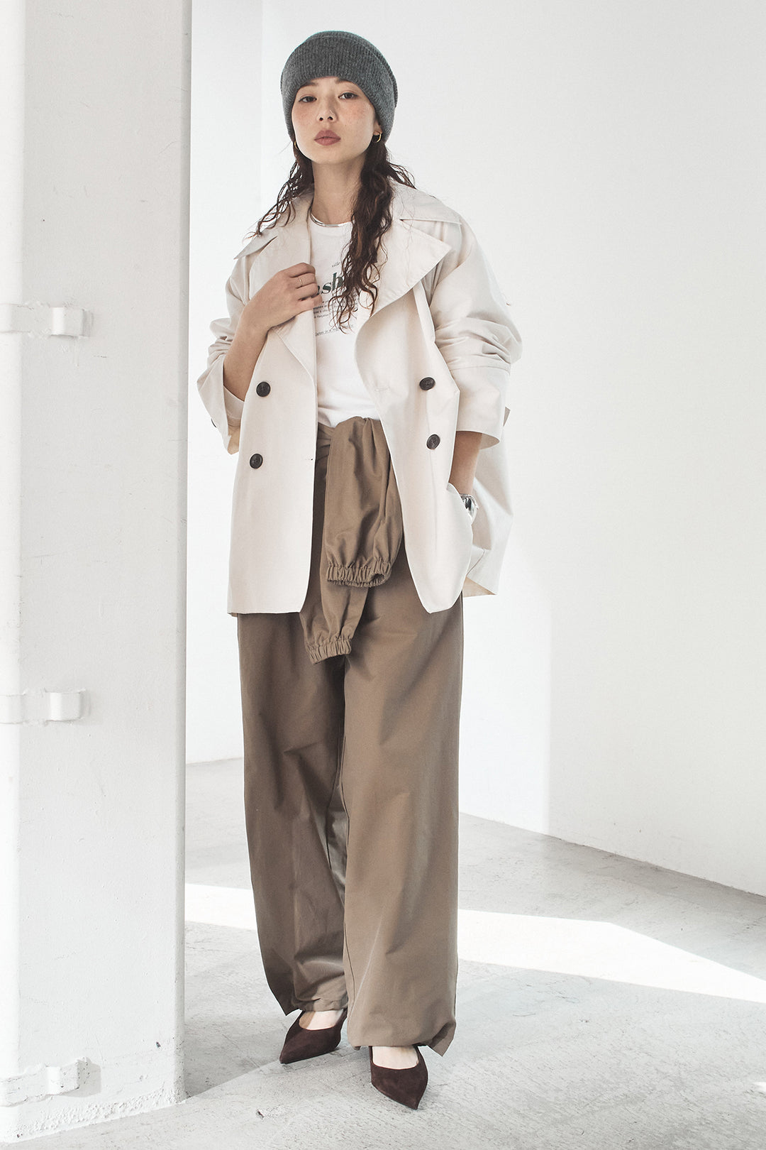 [SET]ナイロントレンチコート+合繊ツイルスタンドウエスト巻きジョガーパンツ(2set)