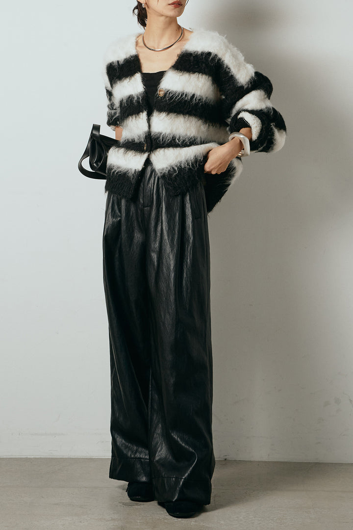 [SET]シャギーボーダー柄ニットカーディガン+ベルト付きレザーライクタックパンツ(2set)