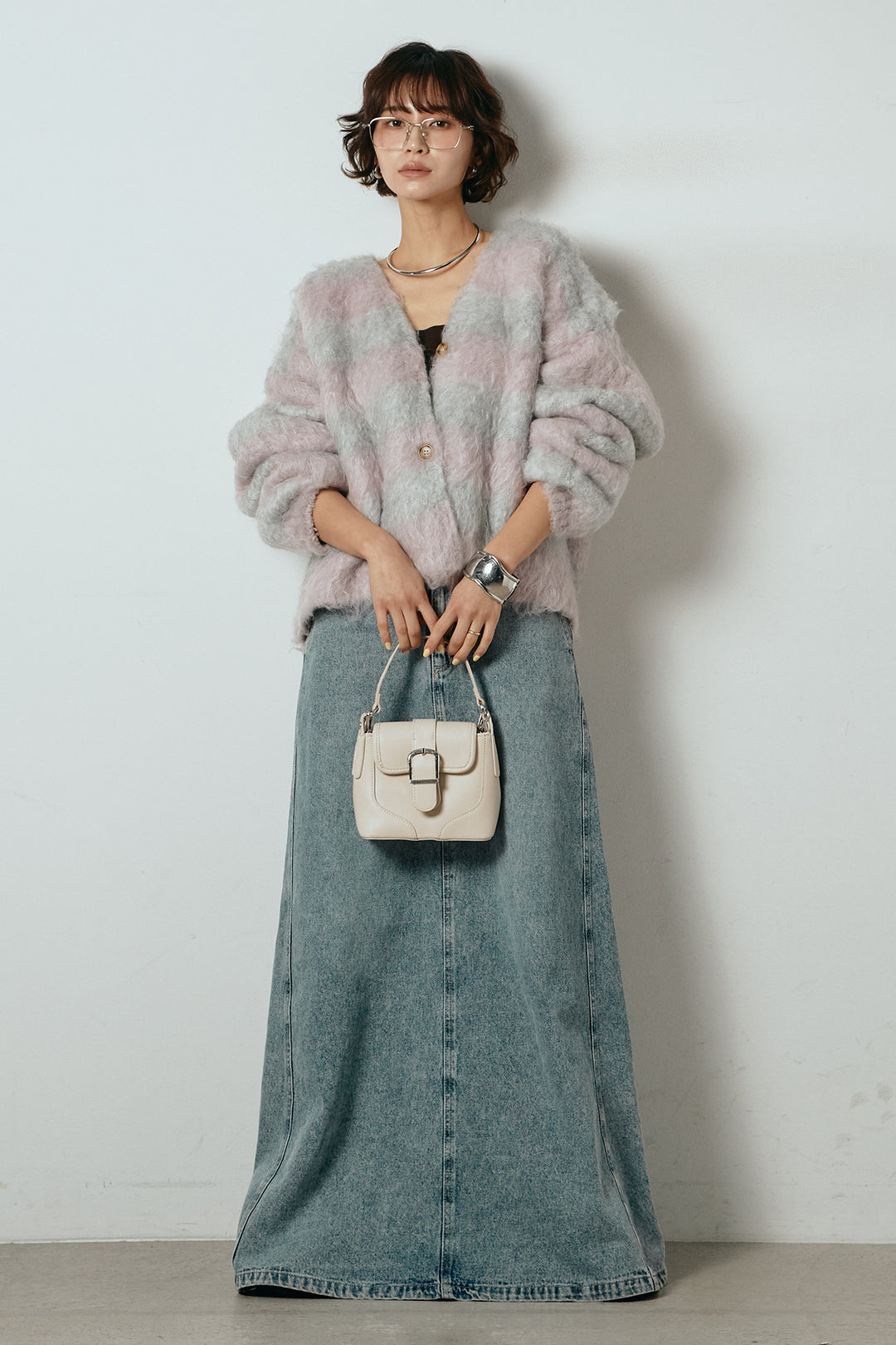 [SET]シャギーボーダー柄ニットカーディガン+デニムロングフレアスカート(2set)