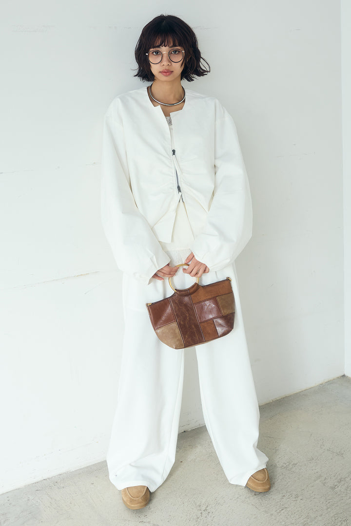 [SET]ノーカラーフロントギャザージップアウター+斜めボタンタック入りスラックス(2set)