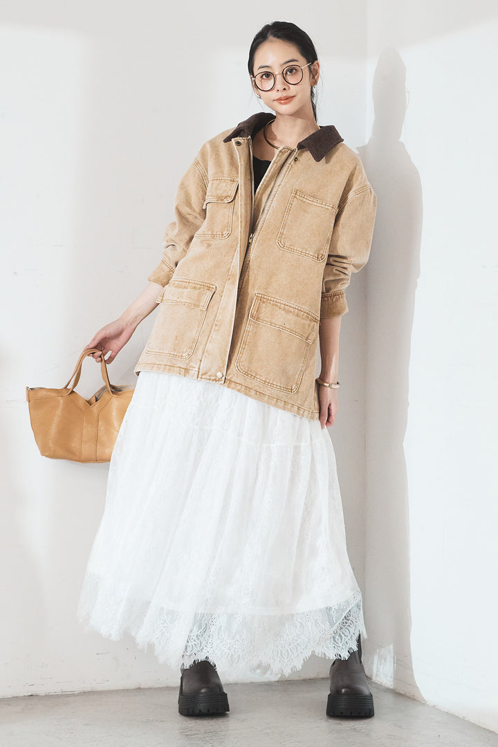 [SET]襟コーデュロイジップデニム調カバーオール+ひげレース切替ロング丈スカート(2set)