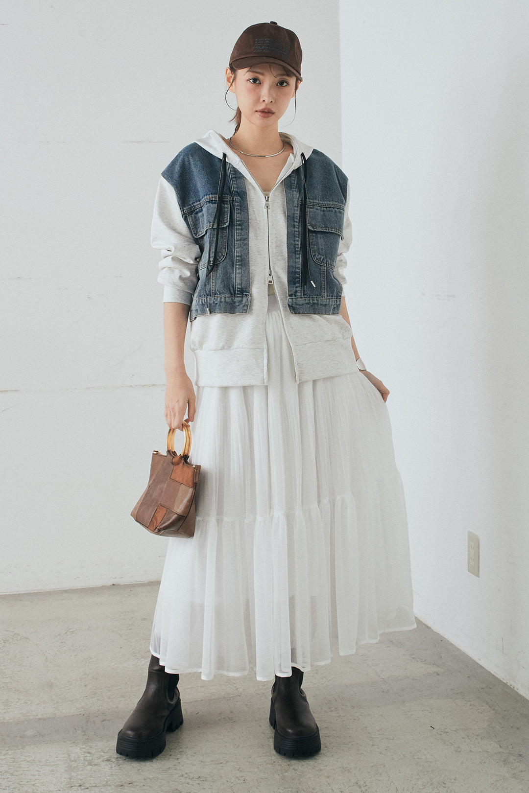 [SET]デニム切替ポンチダブルジップパーカー+ボリュームシルエットチュールスカート(2set)