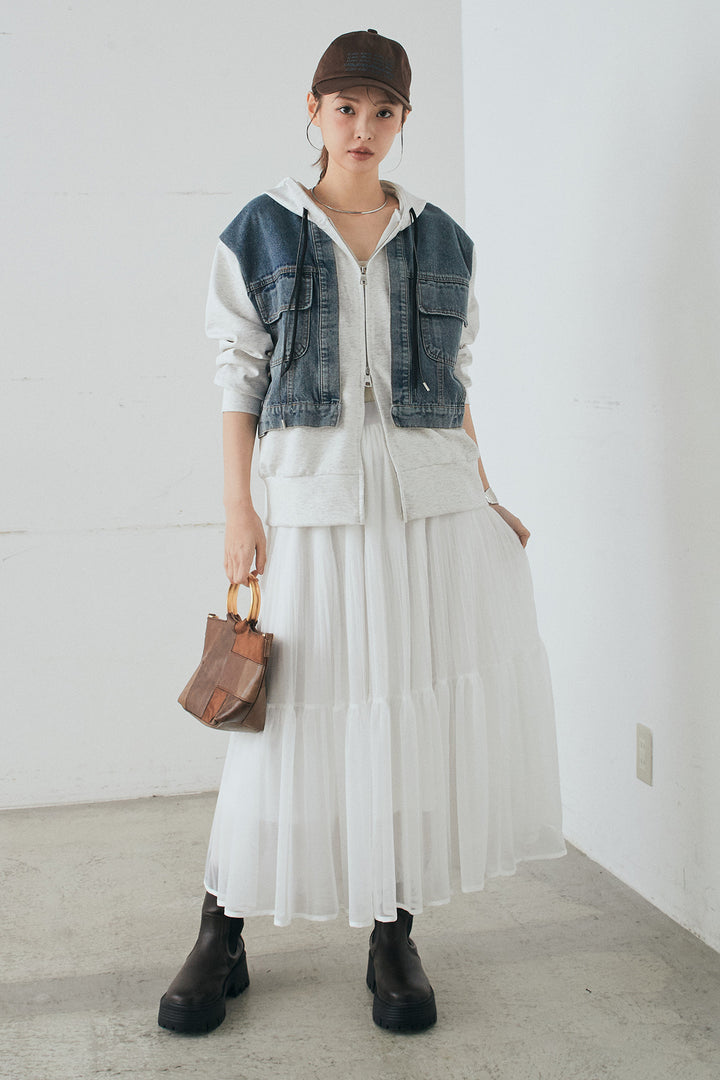 [SET]デニム切替ポンチダブルジップパーカー+ボリュームシルエットチュールスカート(2set)