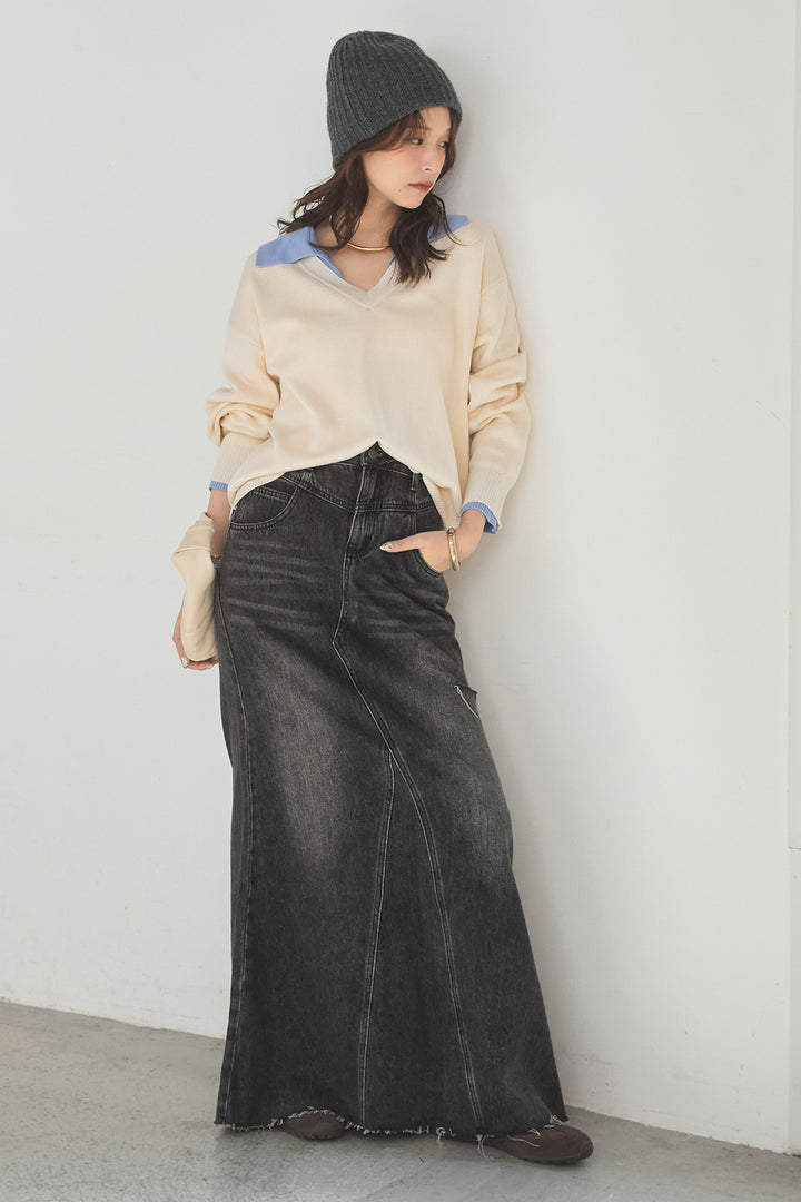 [SET]バイカラーニットレイヤード風プルオーバー+Aラインデニムスカート(2set)