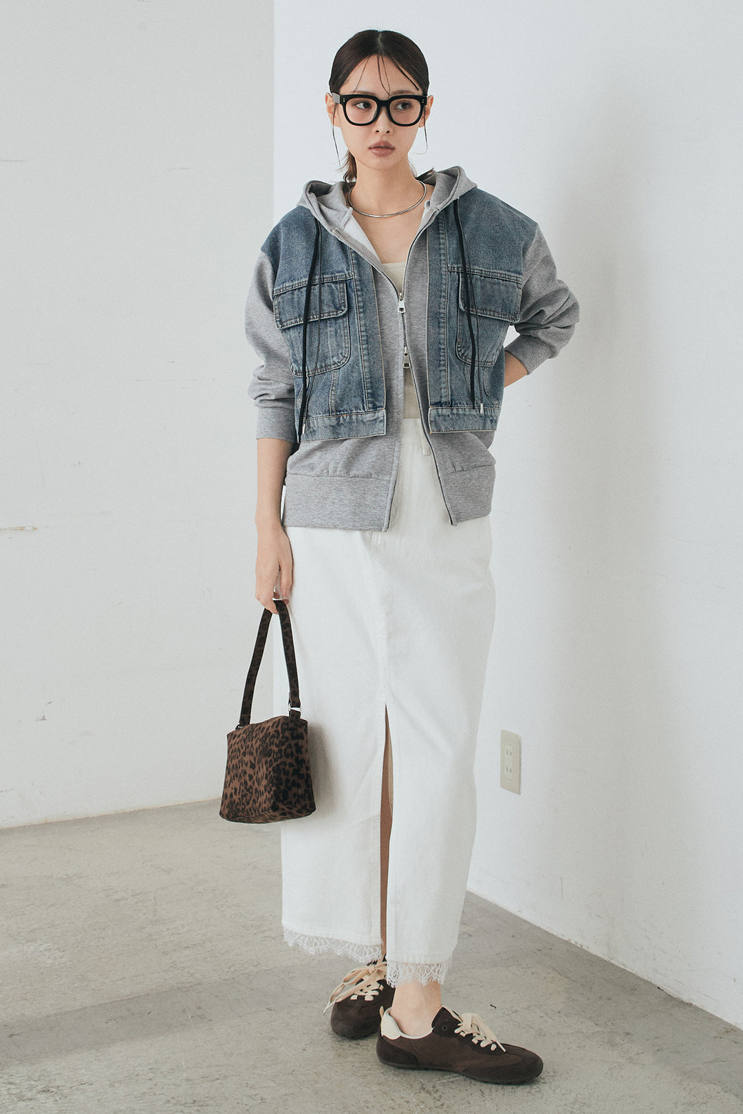 [SET]デニム切替ポンチダブルジップパーカー+裾レースデザインデニムスカート(2set)