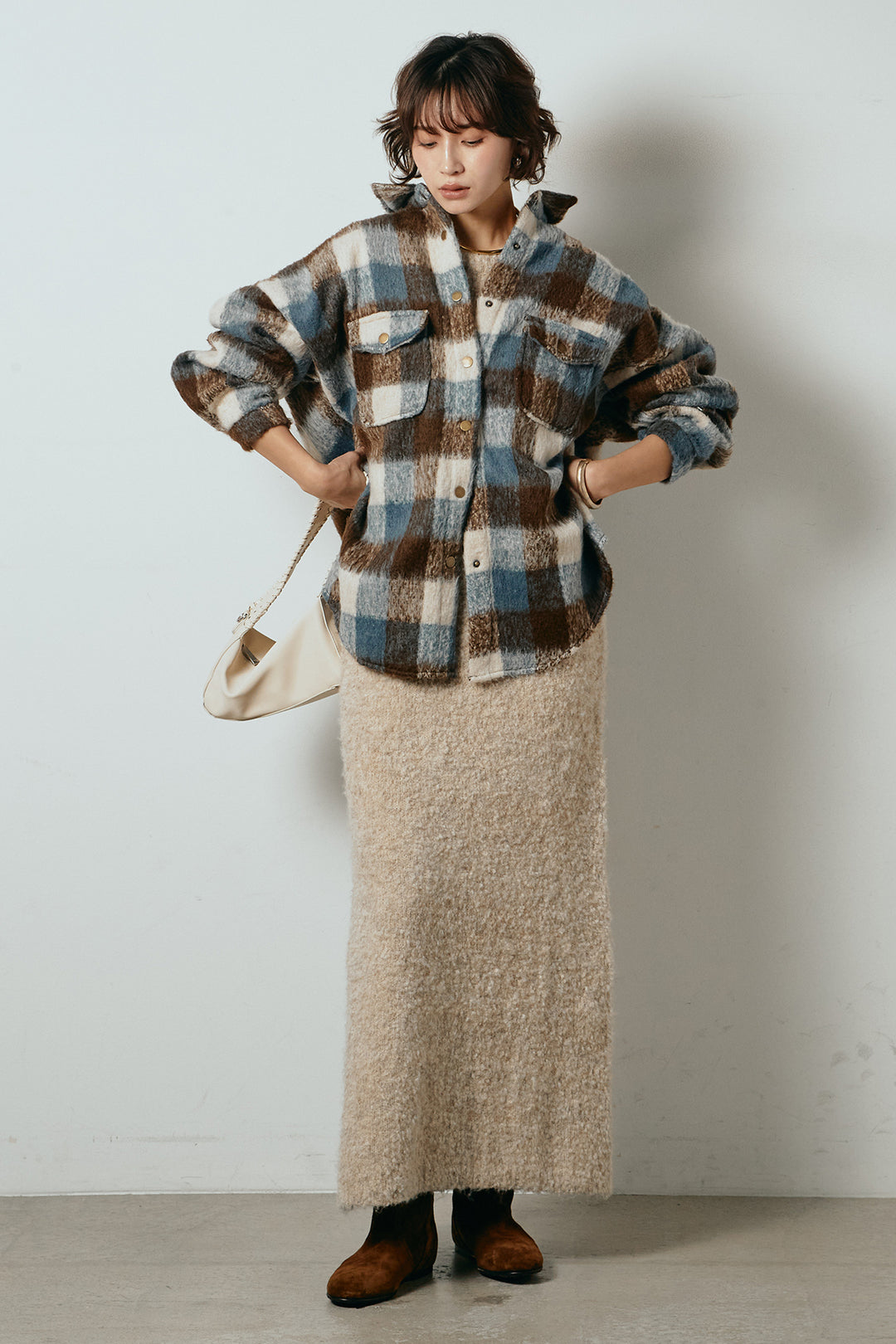 [SET]起毛チェック柄ポケットアウター+起毛ノースリーブニットロングワンピース(2set)