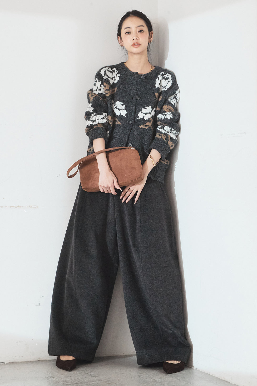 [SET]花柄ジャガードニットカーディガン+ウールタッチカーブワイドパンツ(2set)
