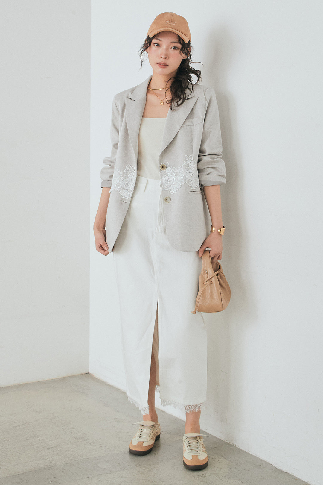 [SET]リネンタッチレースデザインジャケット+裾レースデザインデニムスカート(2set)