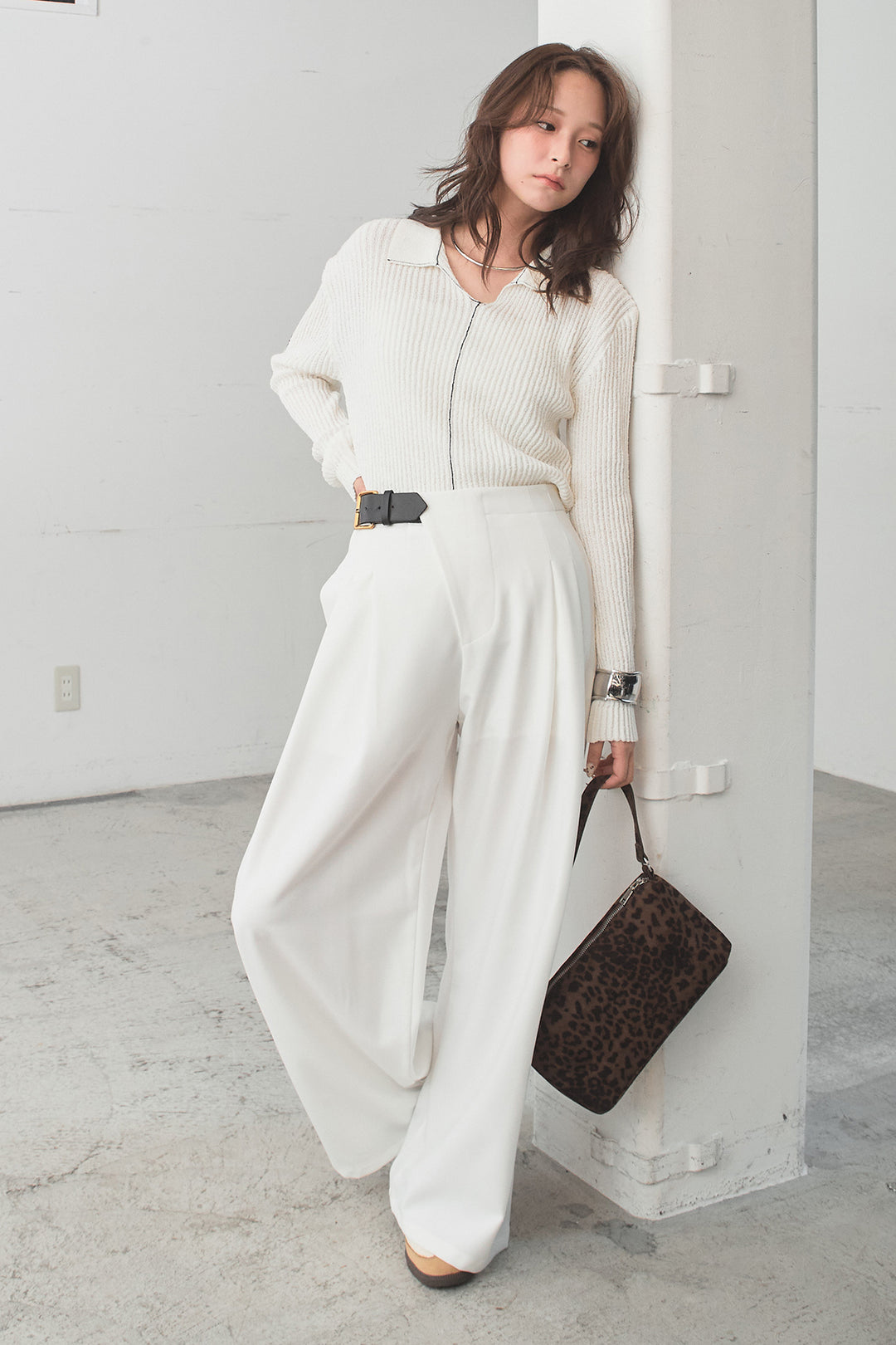 [SET]衿付きニットプルオーバー+サイドベルトタック入りスラックス(2set)