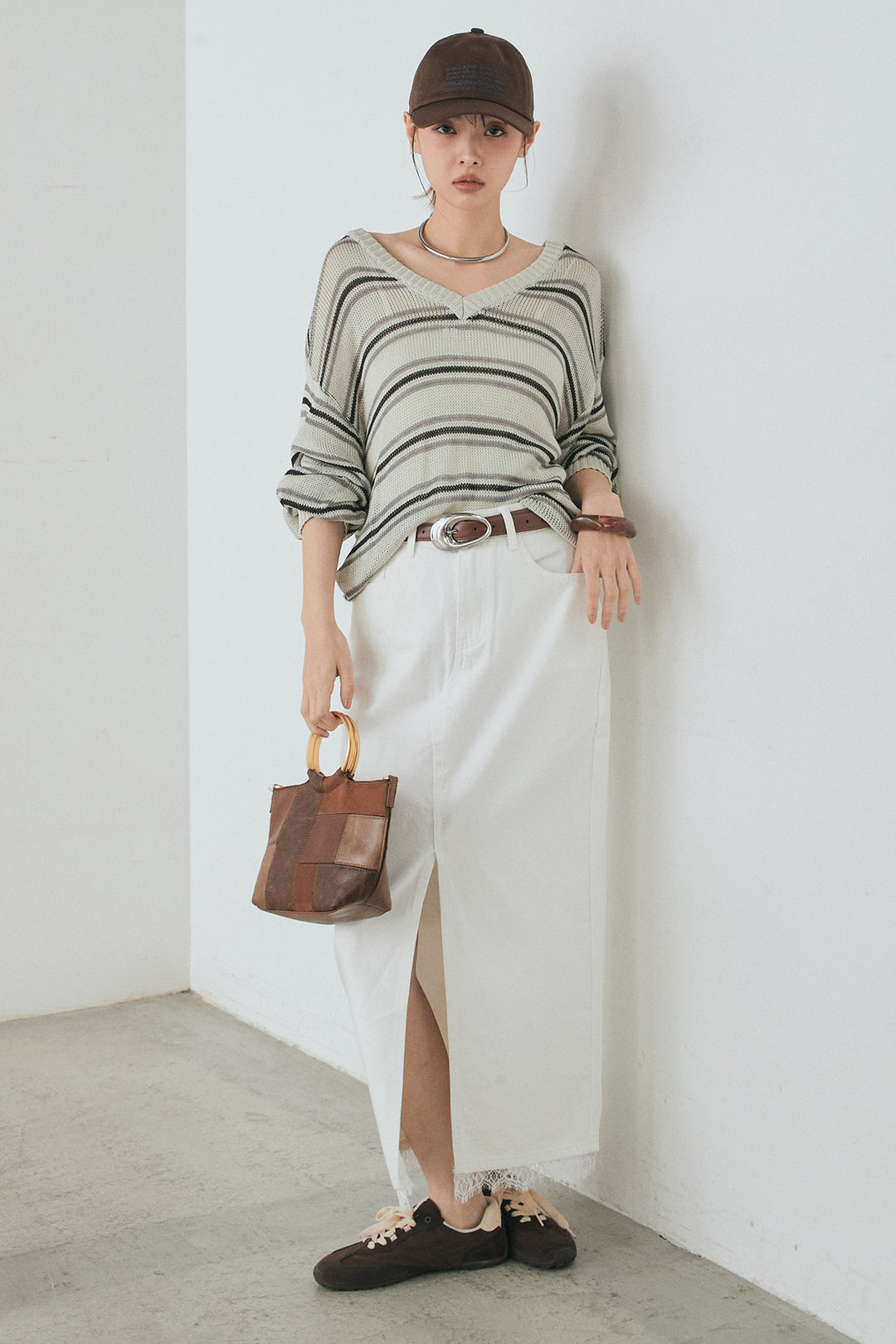 [SET]綿タッチVネックボーダートップス+裾レースデザインデニムスカート(2set)