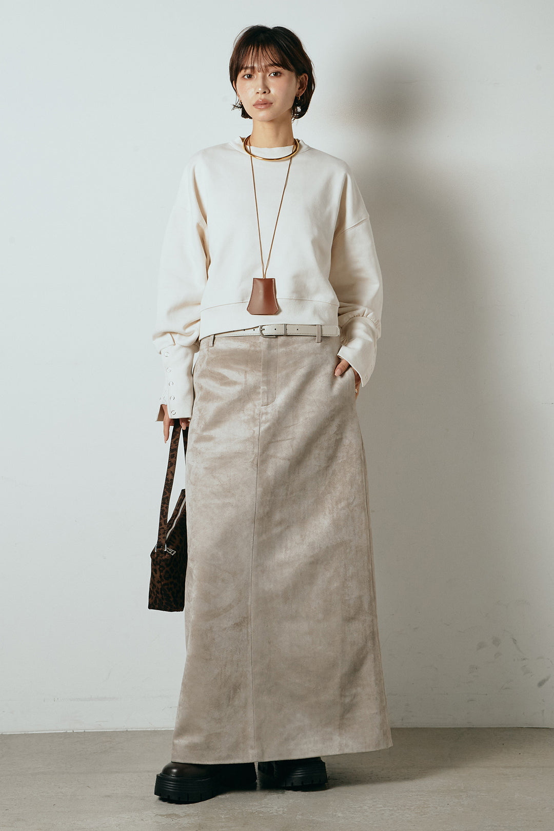 [SET]裏毛バックオープンプルオーバー+エコスウェードワイドスカート(2set)