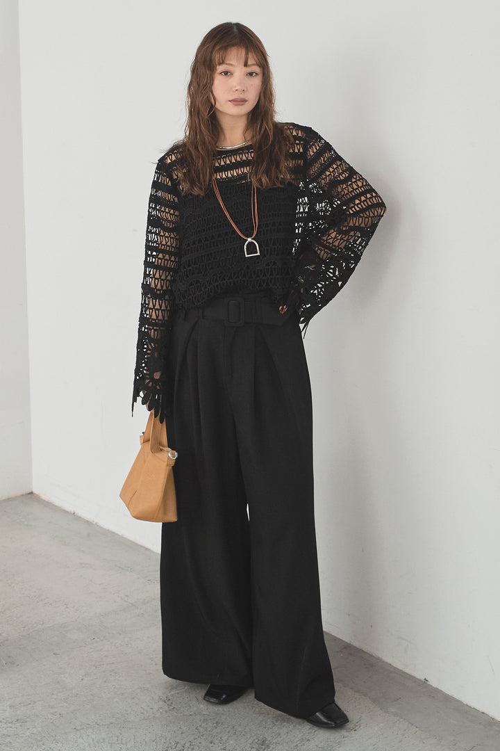 [SET]裾デザインメッシュプルオーバー+ベルト付きツータックワイドパンツ(2set)