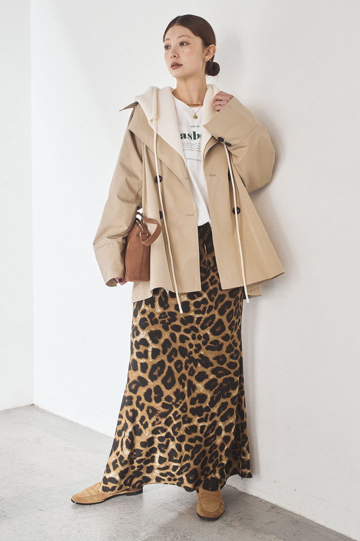 [SET]ナイロントレンチコート+レオパードサテンナロースカート(2set)