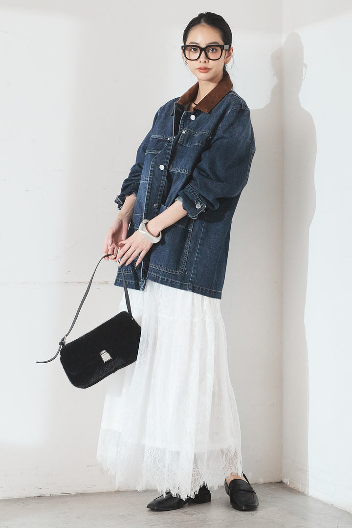 [SET]襟コーデュロイデニムカバーオール+ひげレース切替ロング丈スカート(2set)