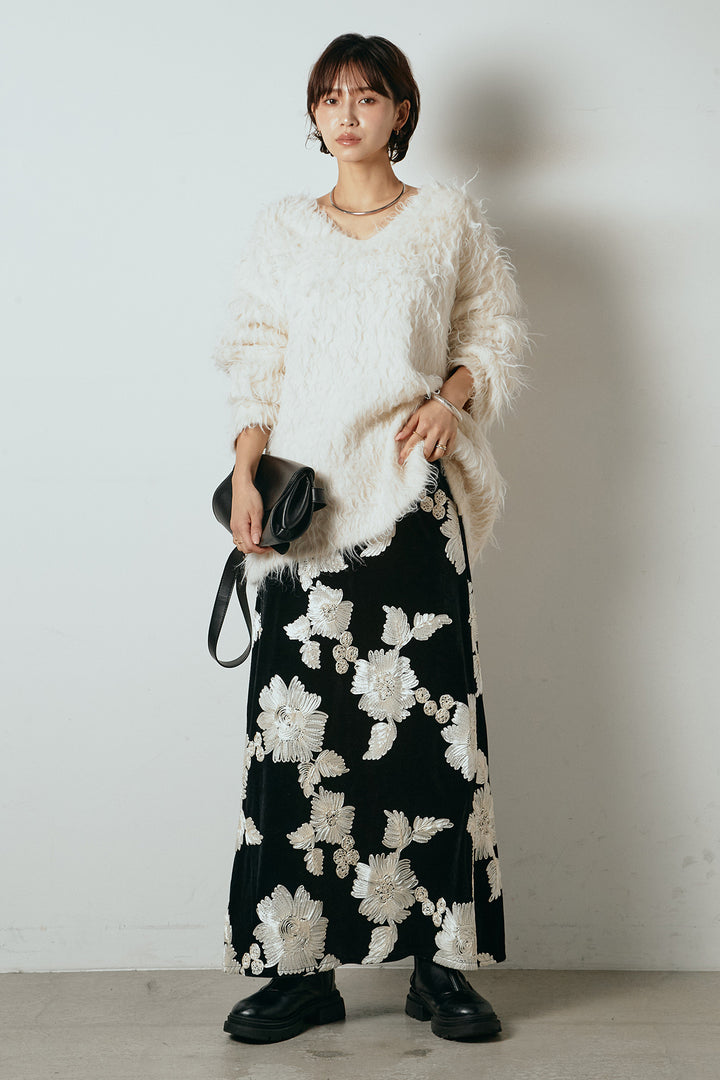 [SET]深Vネックシャギーニットトップス+フラワー刺繍ワイドスカート(2set)