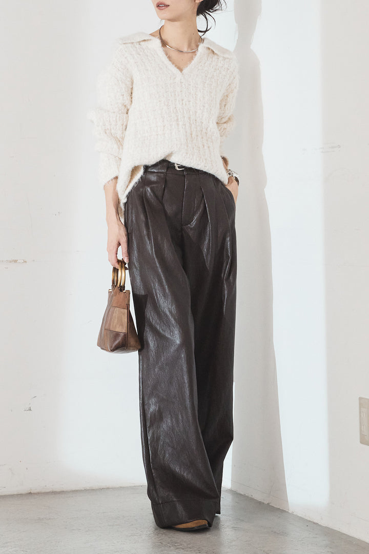 [SET]襟付きVネックニットトップス+ベルト付きレザーライクタックパンツ(2set)
