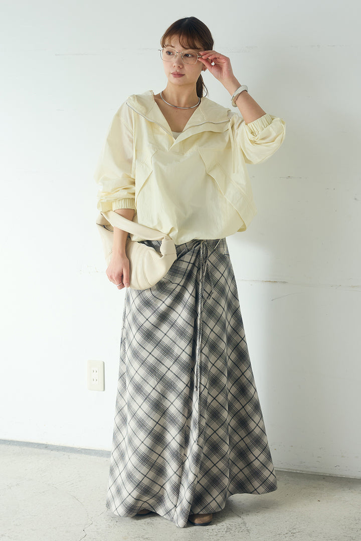 [SET]ナイロンフーディーブルゾンアウター+タータンチェック柄フロントデザインスカート(2set)