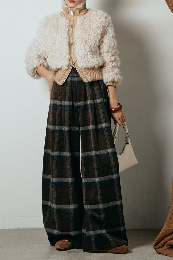 [SET]ハイネックショート丈ボアジップブルゾン+起毛タータンチェック柄ワイドパンツ(2set)