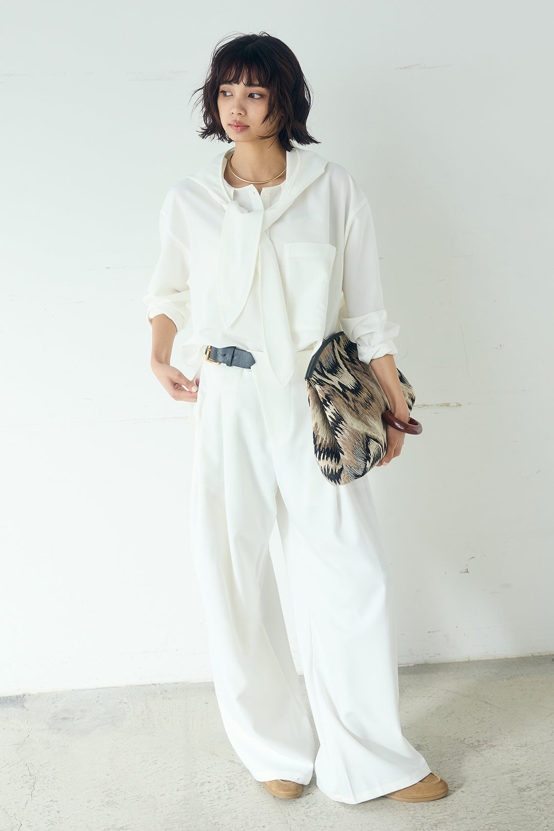 [SET]無地タイ付フーディーBIGシャツ+サイドベルトタック入りスラックス(2set)