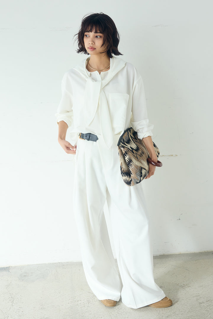 [SET]無地タイ付フーディーBIGシャツ+サイドベルトタック入りスラックス(2set)