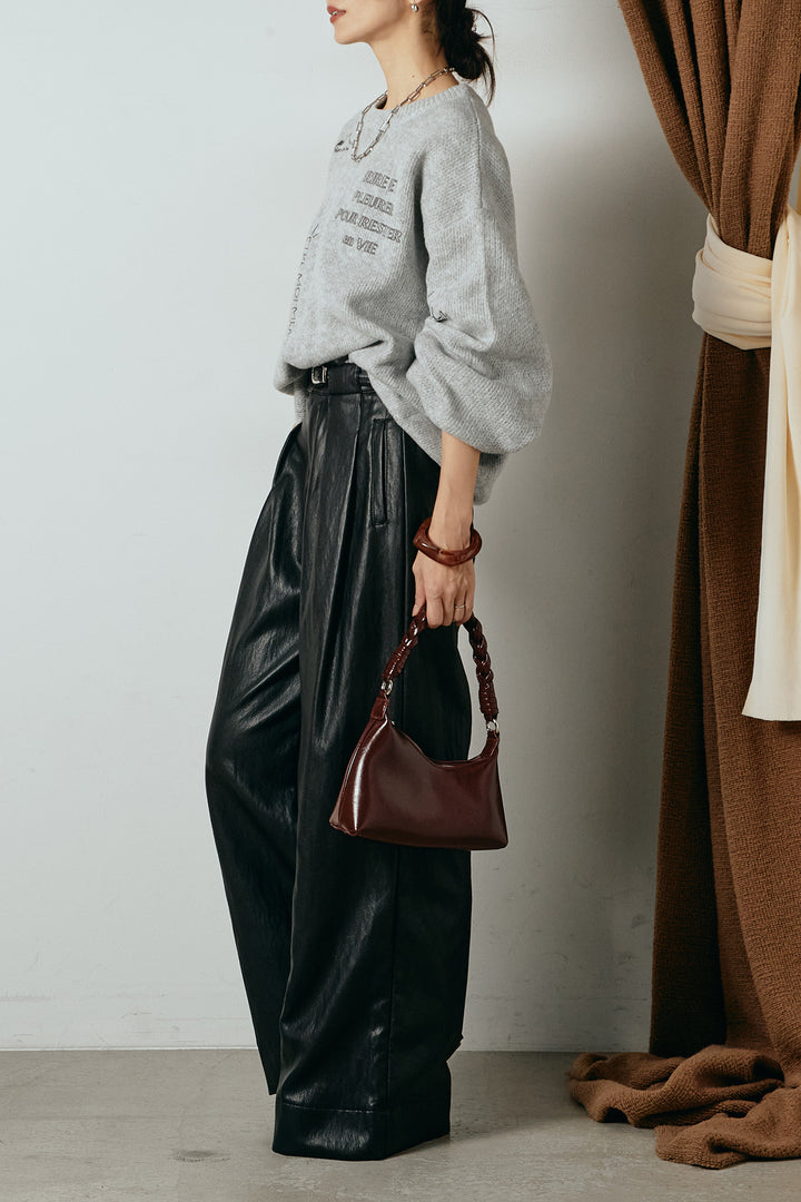 [SET]刺繍ロゴランダムデザインニットトップス+ベルト付きレザーライクタックパンツ(2set)